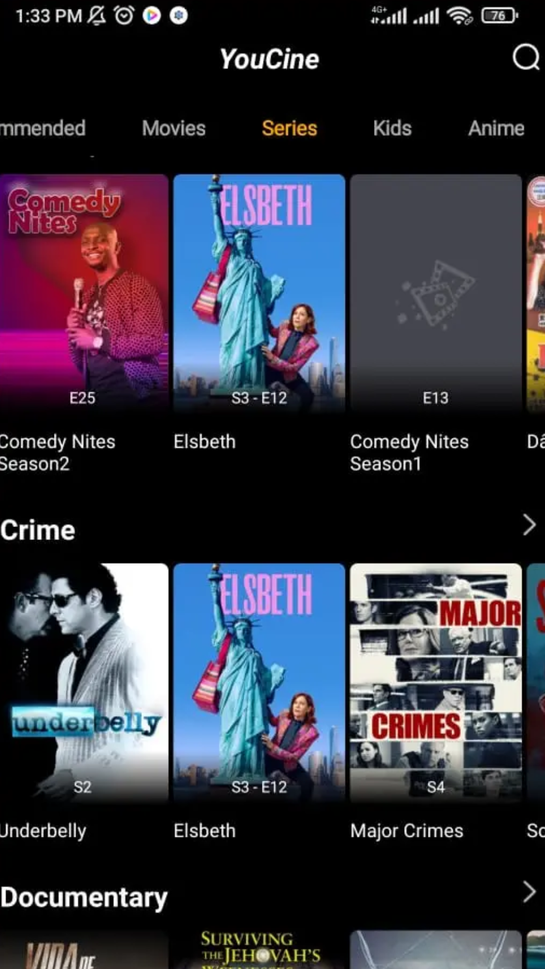 Youcine APK categorias de séries disponíveis